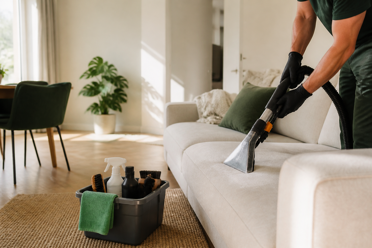 A cleaning professional documenting a completed living room clean