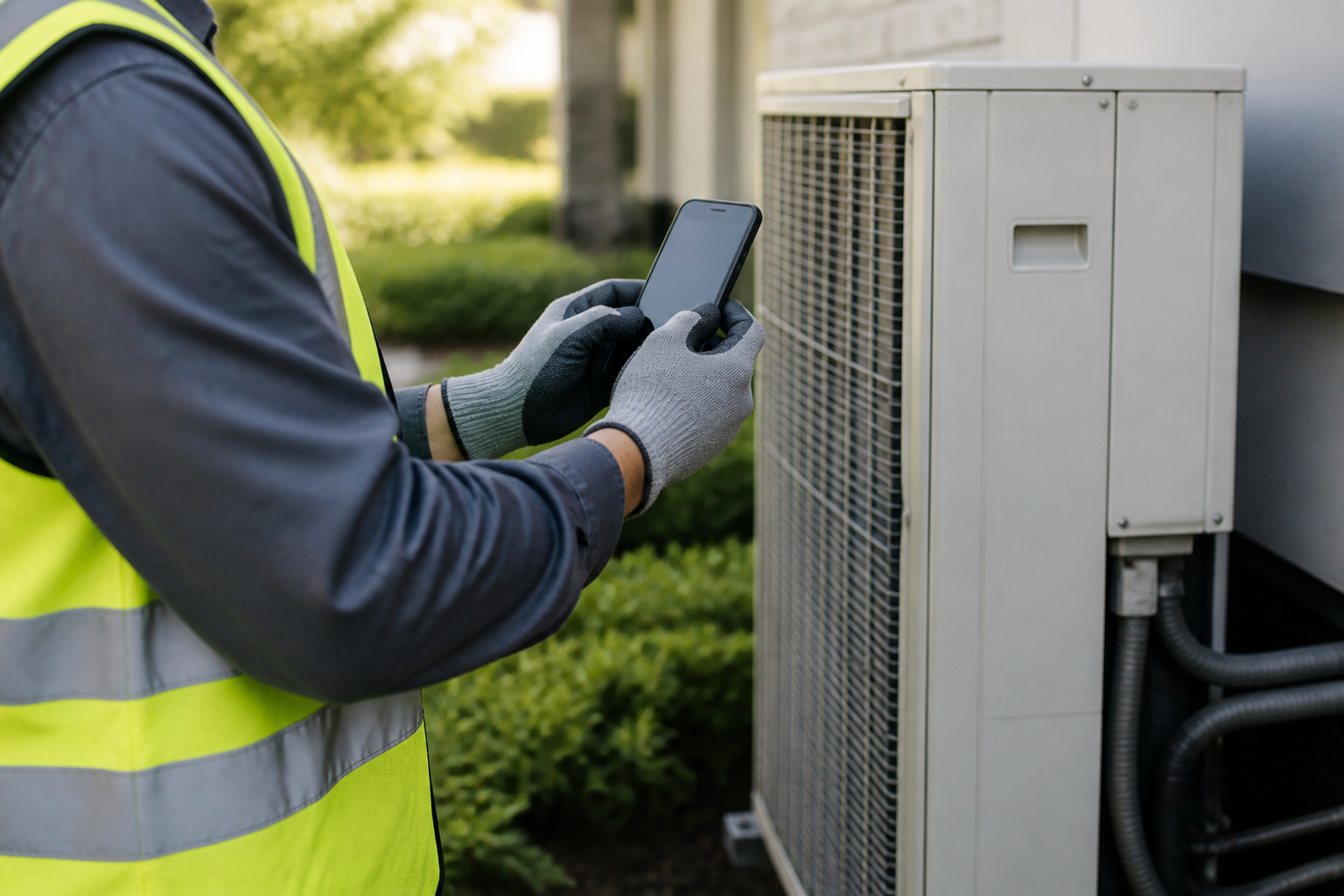 A field technician documenting exterior equipment on site