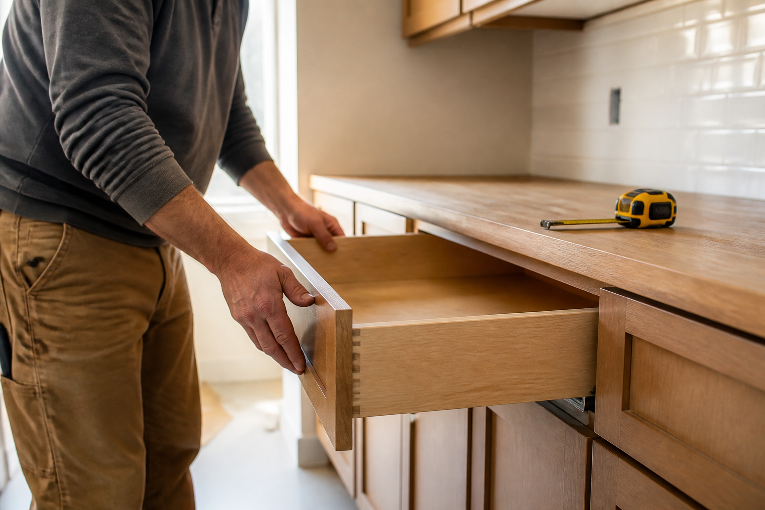 A renovation professional checking the fit of a kitchen cabinet drawer